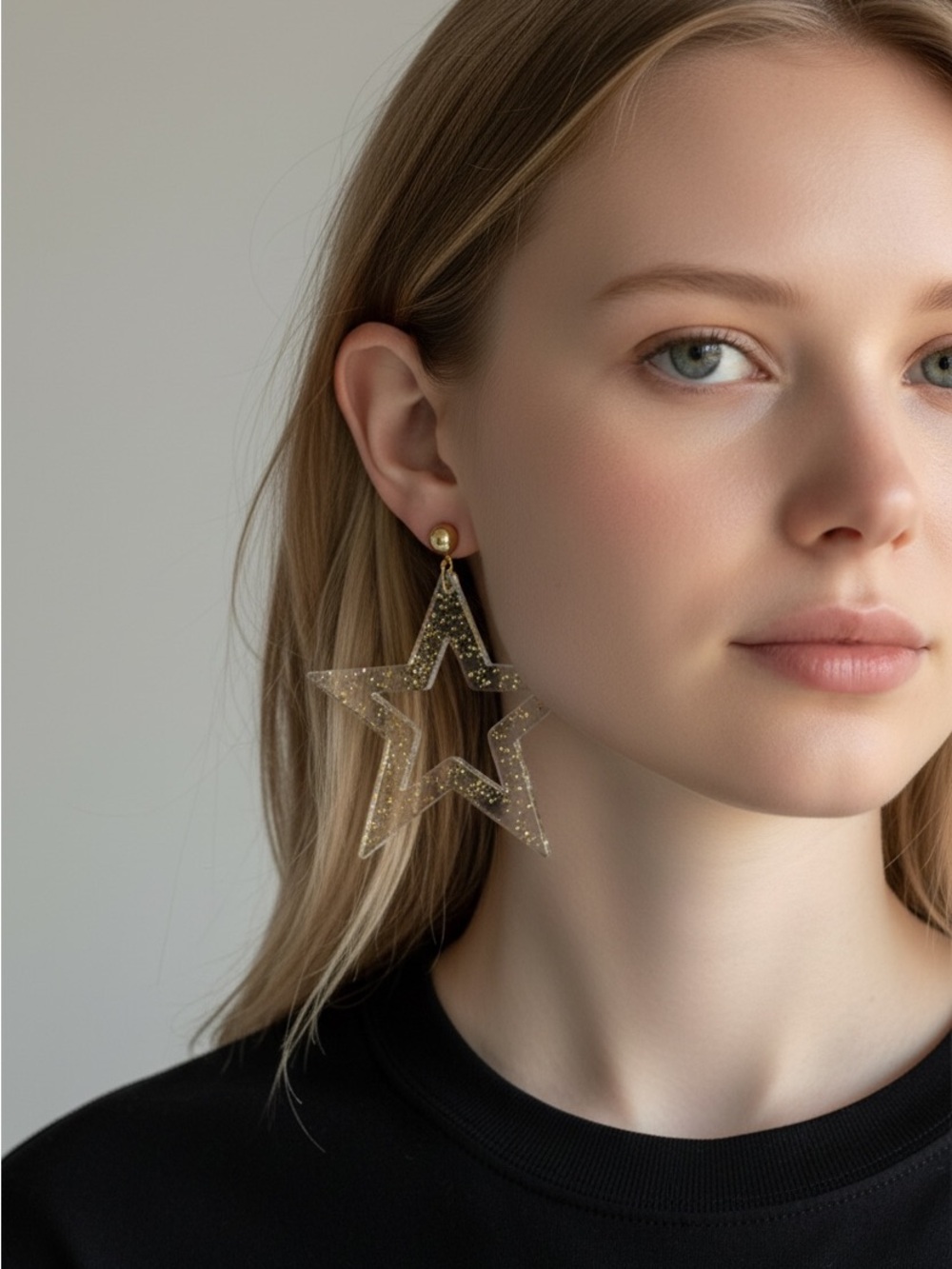 9/18 Gold Glitter Star Drop Earrings - Women Jewelry
